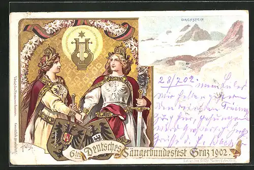 Lithographie Graz, 6tes Deutsches Sängerbundesfest 1902, Dachstein, Wappen