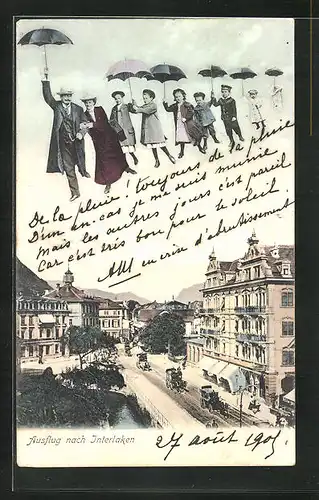AK Interlaken, Fliegende Menschen über einer Strasse