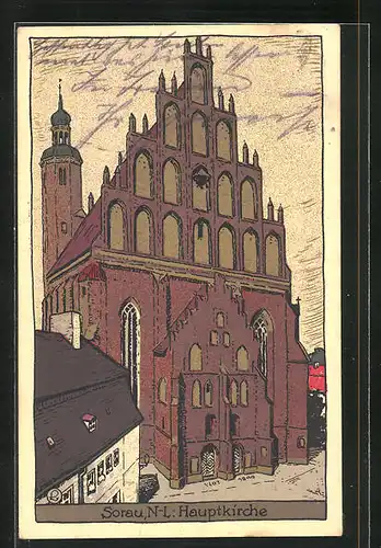 Steindruck-AK Sorau / Zary, Darstellung der Hauptkirche