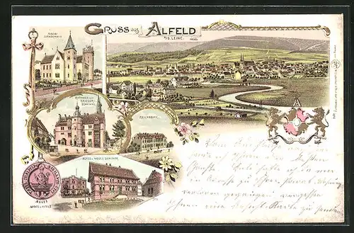 Lithographie Alfeld /Leine, Kreisständehaus, Rathaus mit Kriegerdenkmal, Totalansicht