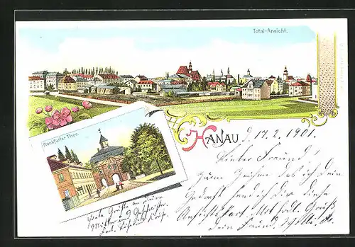 Lithographie Hanau, Totalansicht, Frankfurter Thor