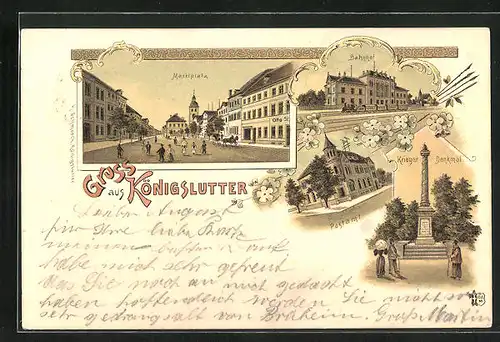 Lithographie Königslutter, Marktplatz, Bahnhof, Krieger-Denkmal, Postamt