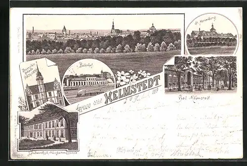 Vorläufer-Lithographie Helmstedt, 1895, St. Marienberg, Bahnhof, Totalansicht