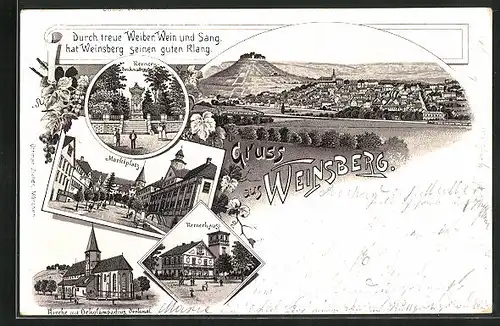 Vorläufer-Lithographie Weinsberg, 1895, Marktplatz, Kernerhaus, Totalansicht