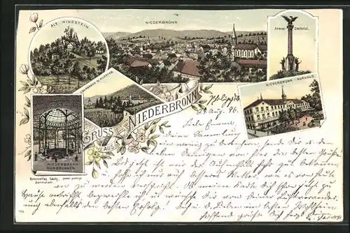 Lithographie Niederbronn, Armee-Denkmal, Alt Windstein, Totalansicht