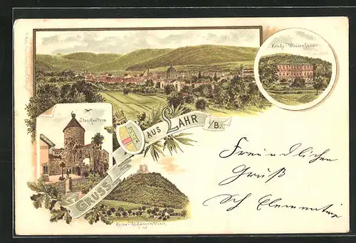 Vorläufer-Lithographie Lahr i. B., 1894, Ruine-Hohengeroldseck, Reichs-Waisenhaus, Storchenturm