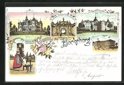Lithographie Bückeburg, Fürstl. Neues Palais, Kaserne, Schloss-Portal