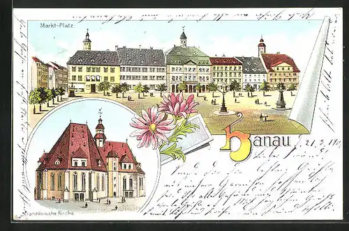 Lithographie Hanau, Markt-Platz, Französische Kirche