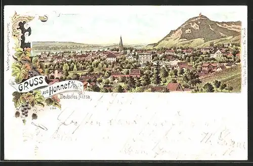 Lithographie Honnef /Rhein, Totalansicht der Stadt, Deutsches Nizza