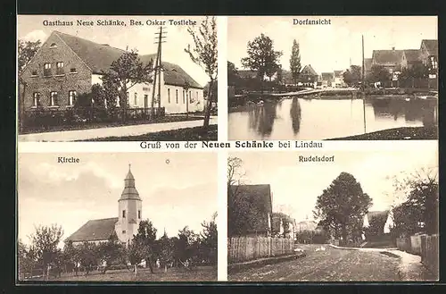 AK Lindau / Heideland, Gasthaus Neue Schänke, Kirche, Dorfansicht