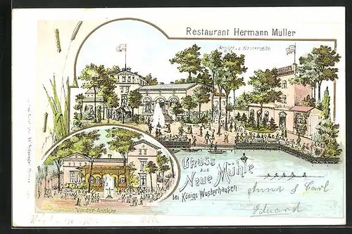 Lithographie Königs-Wusterhausen, Restaurant Neue Mühle von Hermann Müller