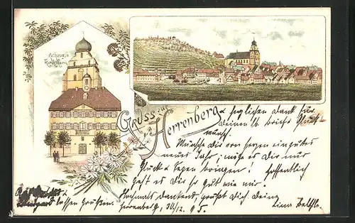 Vorläufer-Lithographie Herrenberg, 1895, Rathaus und Kirchturm, Ortsansicht