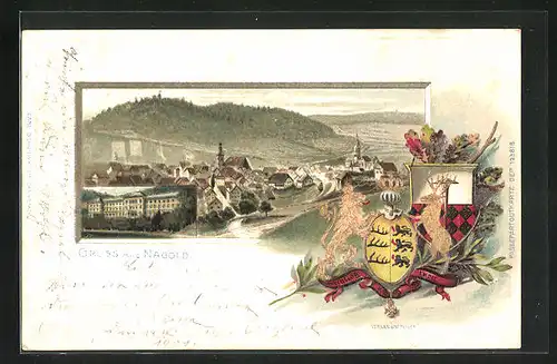 Passepartout-Lithographie Nagold, Schloss, Ortsansicht, Wappen