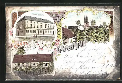 Lithographie Greifenhain, Staubs Gasthof, Kirche