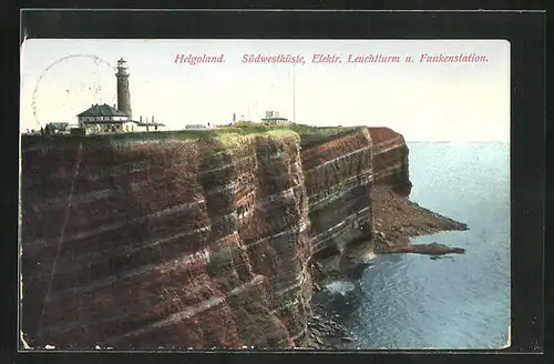 AK Helgoland, Südwestküste, Elektrischer Leuchtturm und Funkenstation