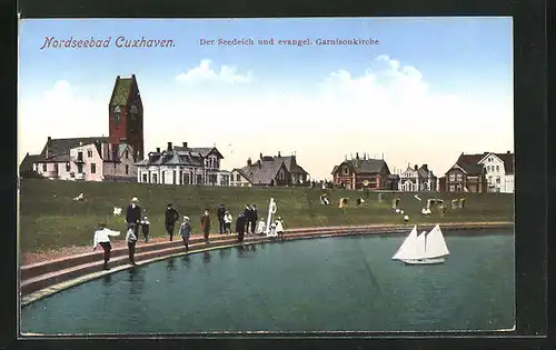 AK Cuxhaven, Der Seedeich und evangelische Garnisonkirche