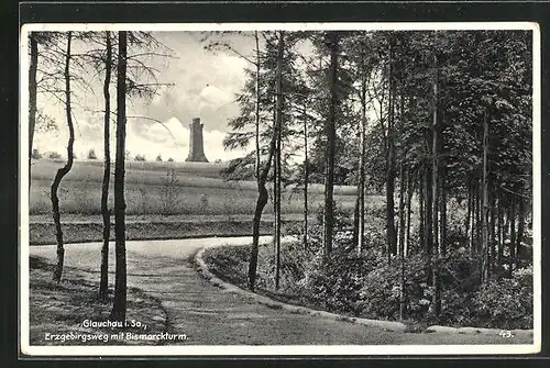 AK Glauchau i. Sa., Erzgebirgsweg mit Bismarckturm