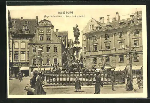 AK Augsburg, Strassenpartie mit Kaiser`s-Geschäft und Augustusbrunnen