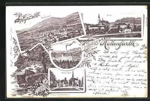 Lithographie Hohenfurth, Stift, Moldaumühle, Maria-Rast