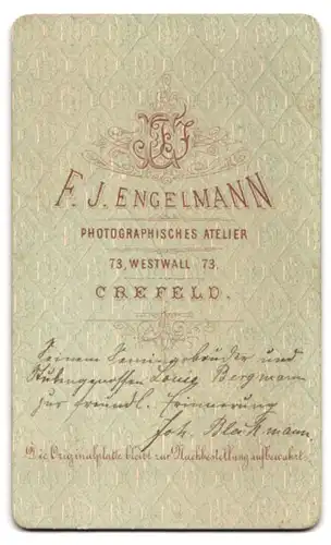 Fotografie F. J. Engelmann, Crefeld, Westwall 73, Portrait charmanter junger Mann mit Oberlippenbart