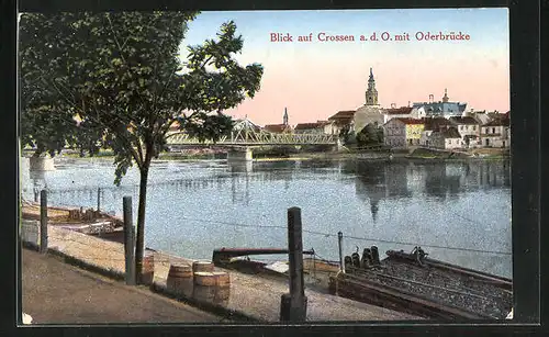 AK Crossen / Krosno Odrz, Panorama mit Oderbrücke