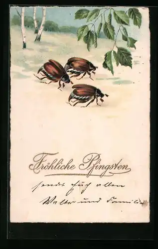Künstler-AK Fröhliche Pringsten, Maikäfer krabbeln am Rande eines Waldes