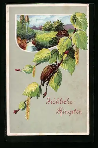 Präge-AK Fröhliche Pfingsten, Maikäfer auf einem Blätterzweig, Landschaftsbild