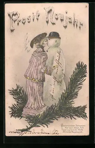 Präge-AK Schönes Fräulein küsst einen Schneemann, Prosit Neujahr