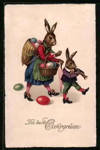AK Osterhäsin mit buntgefärbten Eiern in Körben, Knabe marschiert mit einer Flöte