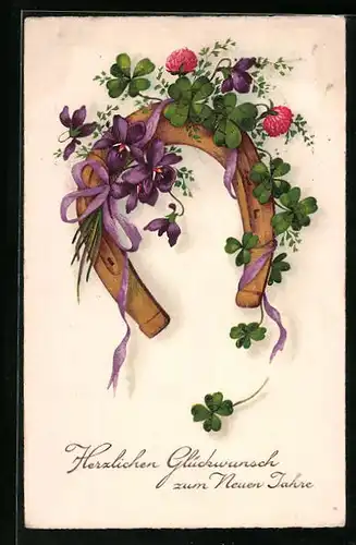 AK Neujahrsglückwunsch mit Hufeisen, Kleeblättern und Blüten