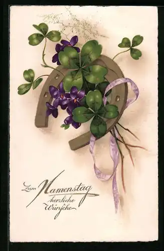 Präge-AK Hufeneisen geschmückt mit Kleeblättern und Blüten, Namenstag