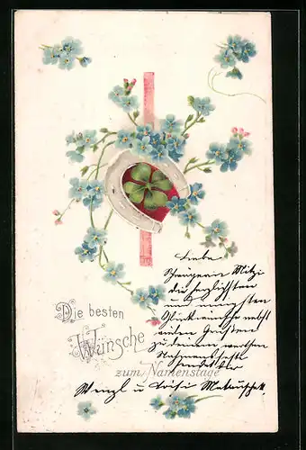 Präge-AK Hufeisen mit Blüten und Kleeblättern, Namenstag-Glückwunsch