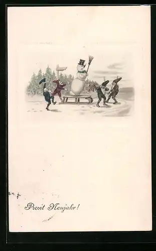AK Prosit Neujahr, Zwerge ziehen einen Schlitten mit Schneemann als Passagier
