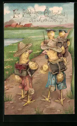 Präge-AK Osterküken wandern mit ihren Schulmappen und Kreidetafeln auf einem Feldweg, Ein fröhliches Osterfest