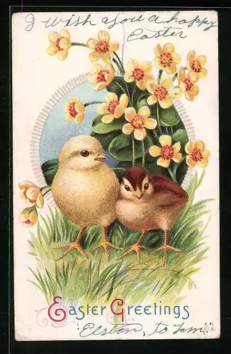 Präge-AK zwei hübsche Osterkükenauf einer Wiese vor einem Blütenstrauch stehend, Easter Greetings