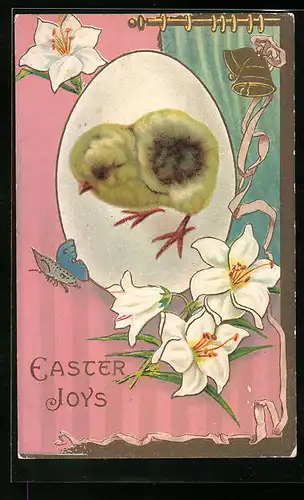 Präge-AK Easter Joys, niedlicher Osterküken, Schmetterling und Blüten
