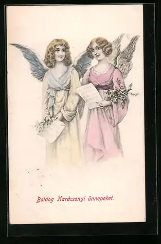 AK Zwei Engel mit Notenblättern und Beerenzweigen in den Händen, Boldog Karácsonyi ünnepeket