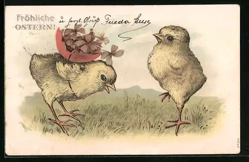 AK Osterküken mit Eierschale voller Blüten auf der Wiese