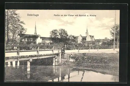 AK Dobrilugk, Partie an der Elster mit Schloss und Kirche