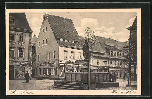AK Meissen, Heinrichsplatz mit Geschäften und Brunnen