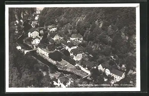 AK Herrnskretschen / Hrensko, Panoramablick aus der Luft gesehen