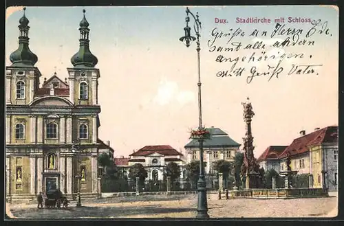 AK Dux / Duchcov, Stadtkirche mit Schloss