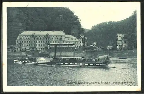 AK Herrnskretschen / Hrensko, Teilansicht mit Dampfer Germania