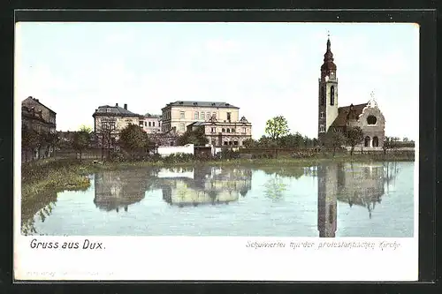 AK Dux / Duchcov, Schulviertel mit protest. Kirche