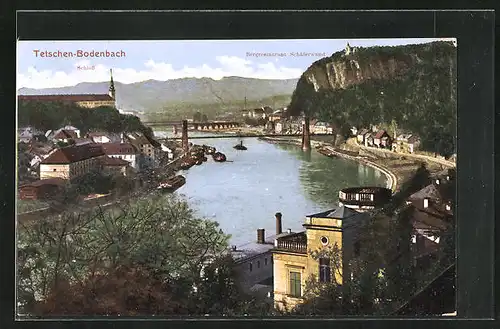 AK Tetschen-Bodenbach / Decin, Uferpartie mit Bergrestaurant Schäferwand und Schloss