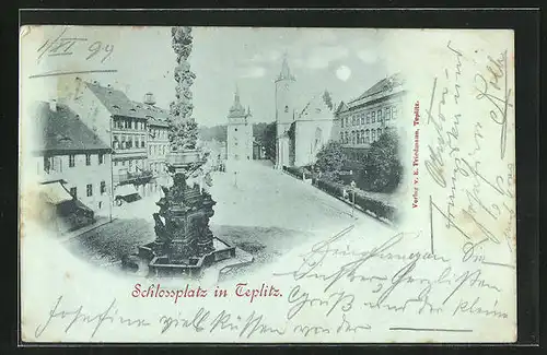 Mondschein-AK Teplitz, Strassenpartie mit Gebäudeansicht und Brunnen