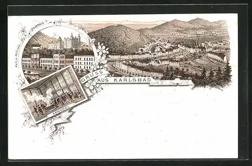 Lithographie Karlsbad, Badehaus, Sprudel, Gesamtansicht