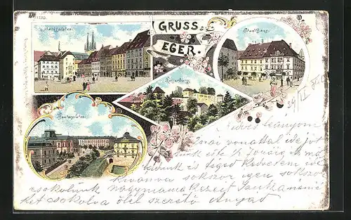 Lithographie Eger, Stadthaus, Marktplatz, Theaterplatz, Kaiserburg