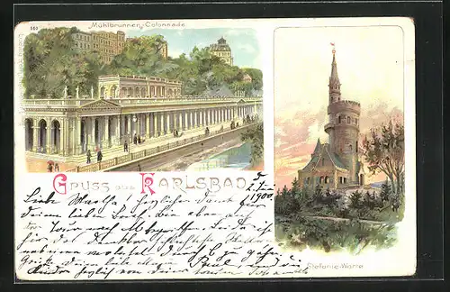 Lithographie Karlsbad, Stefanie-Warte, Mühlbrunnen-Colonnade