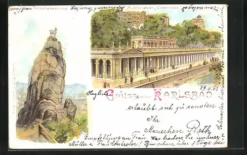Lithographie Karlsbad, Hirschensprung, Mühlbrunnen-Colonnade